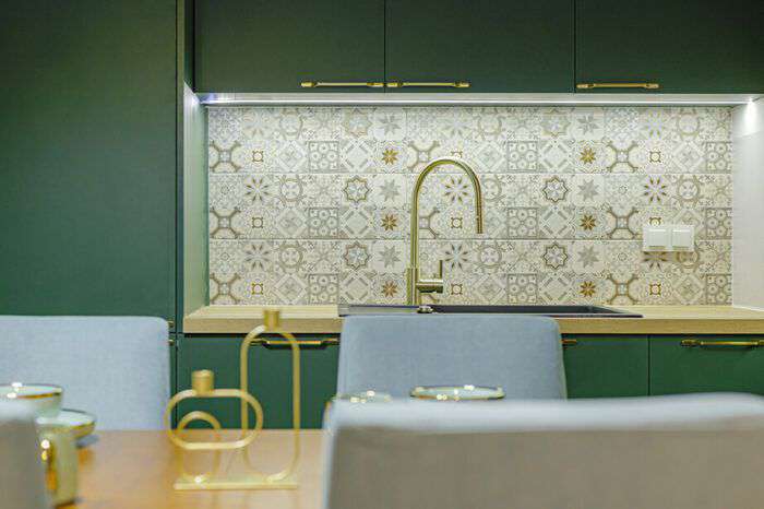 Close-up of the green kitchen design - elegance in the Classic Package.